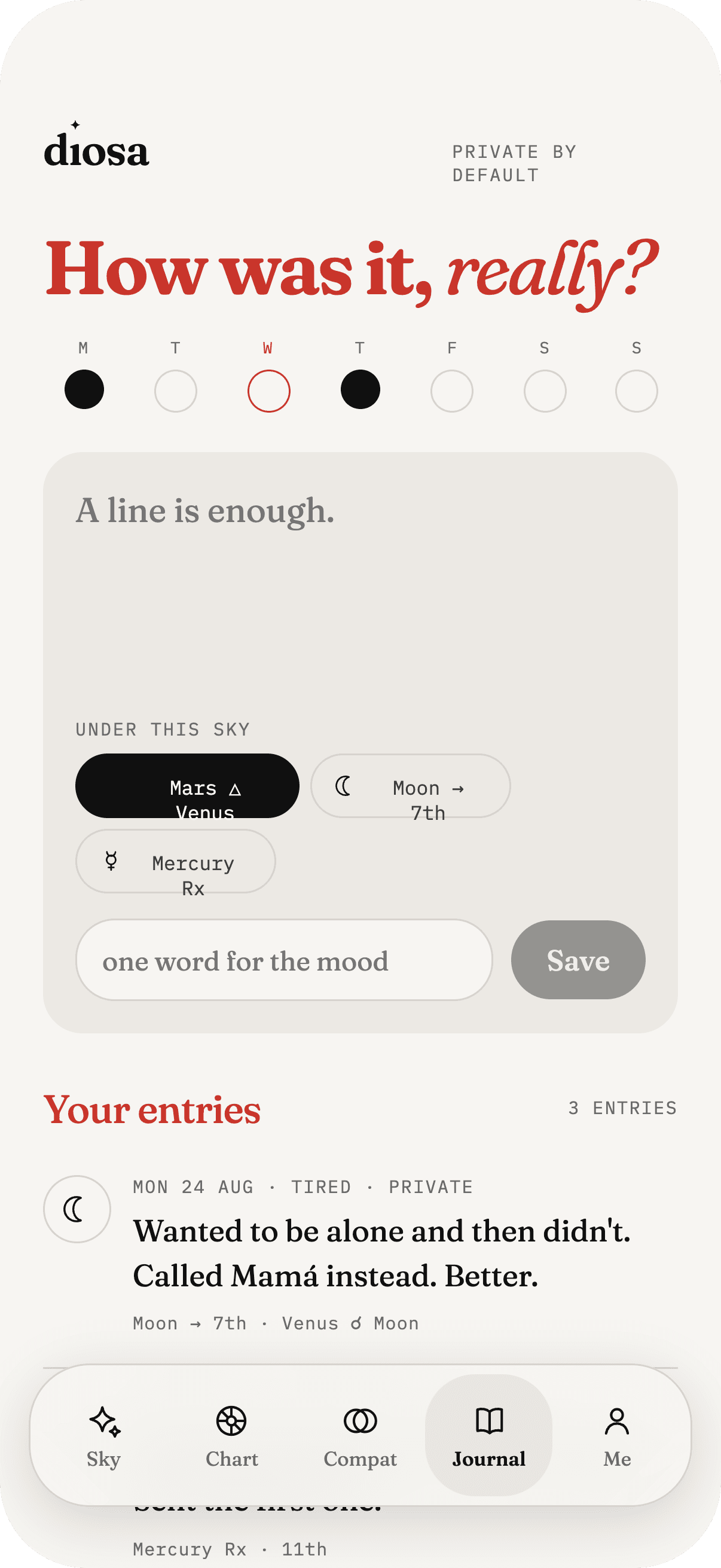The private journal in the diosa app