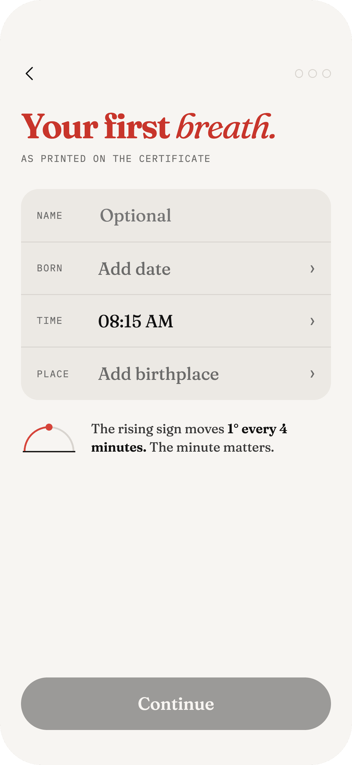 diosa onboarding: entering birth date, time and place