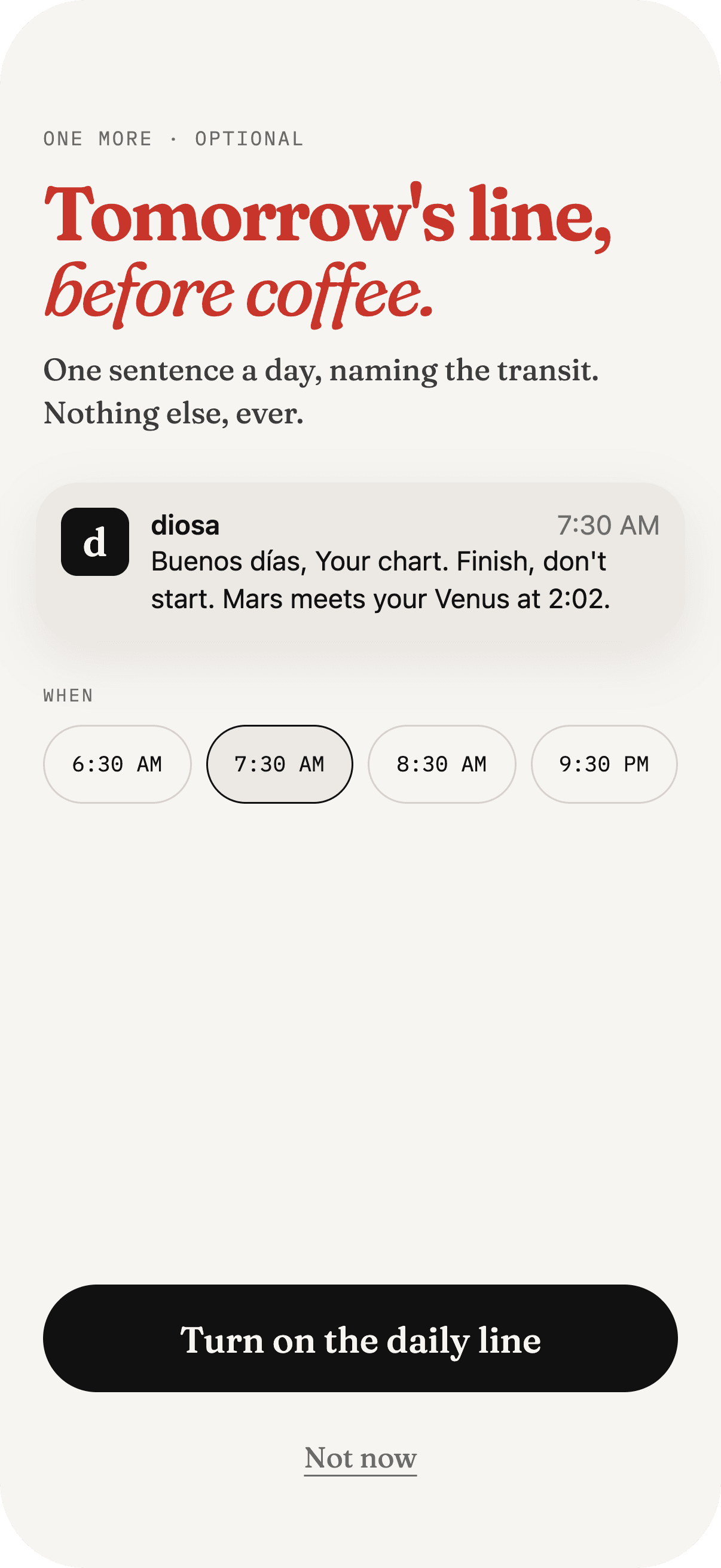 diosa onboarding: choosing a daily notification time