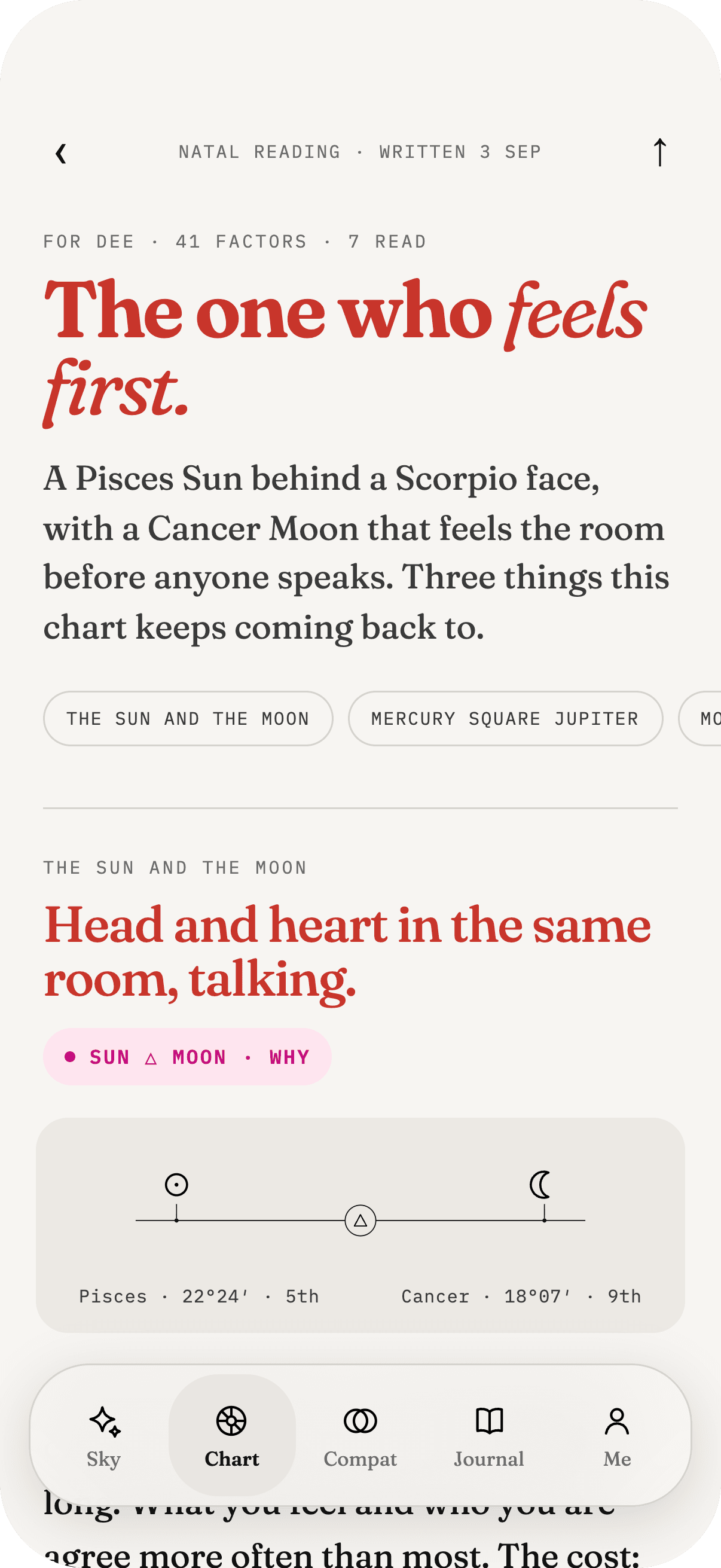 A full reading in the diosa app, with the work shown under each section