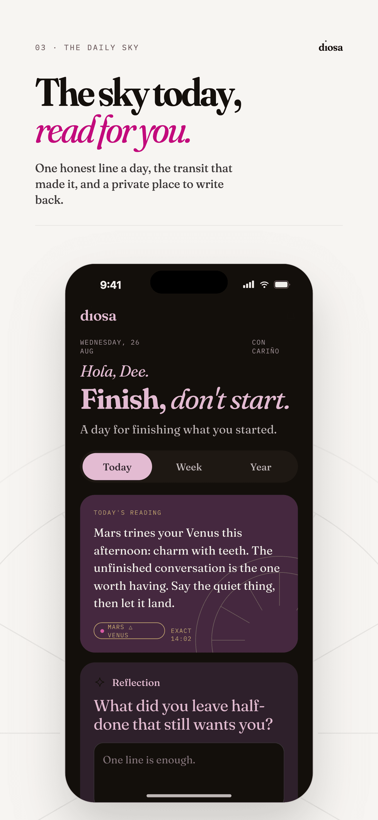 The Sky screen of the diosa iPhone app