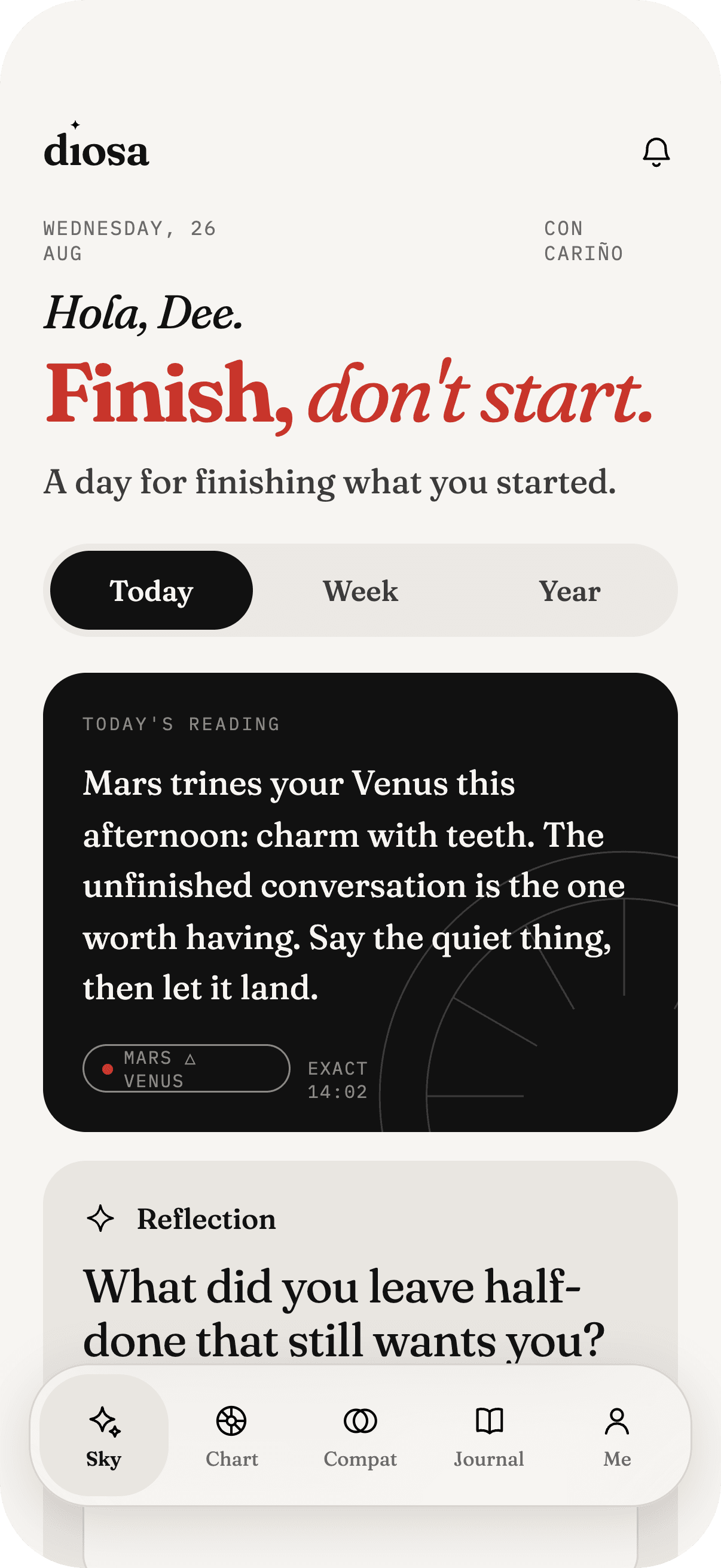 The Sky tab of the diosa iPhone app, with today's line and the transit behind it