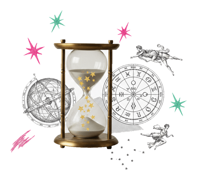 An hourglass with golden stars instead of sand, vintage cutout collage