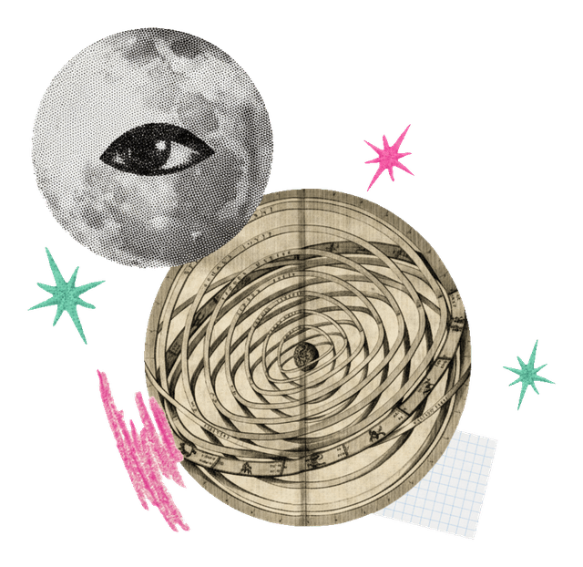 Ilustración de collage vintage: un brazo armilar de latón, instrumento antiguo para leer el cielo