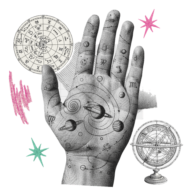 An open palm engraved with mystical life-line symbols, vintage cutout collage